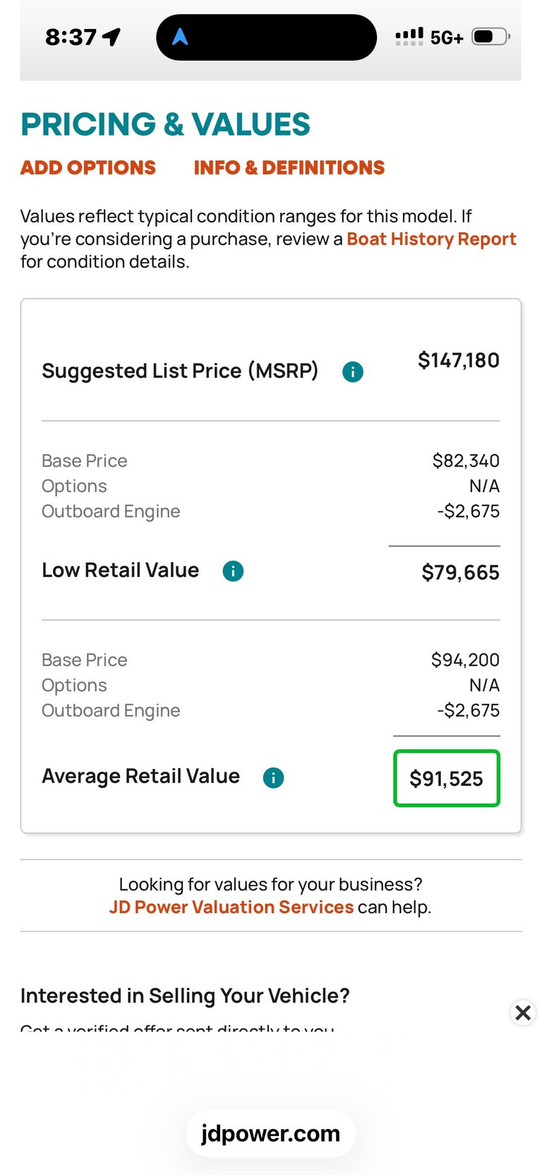 Boat pricing and value breakdown showing MSRP of $147,180, low retail value of $79,665, and average retail value of $91,525